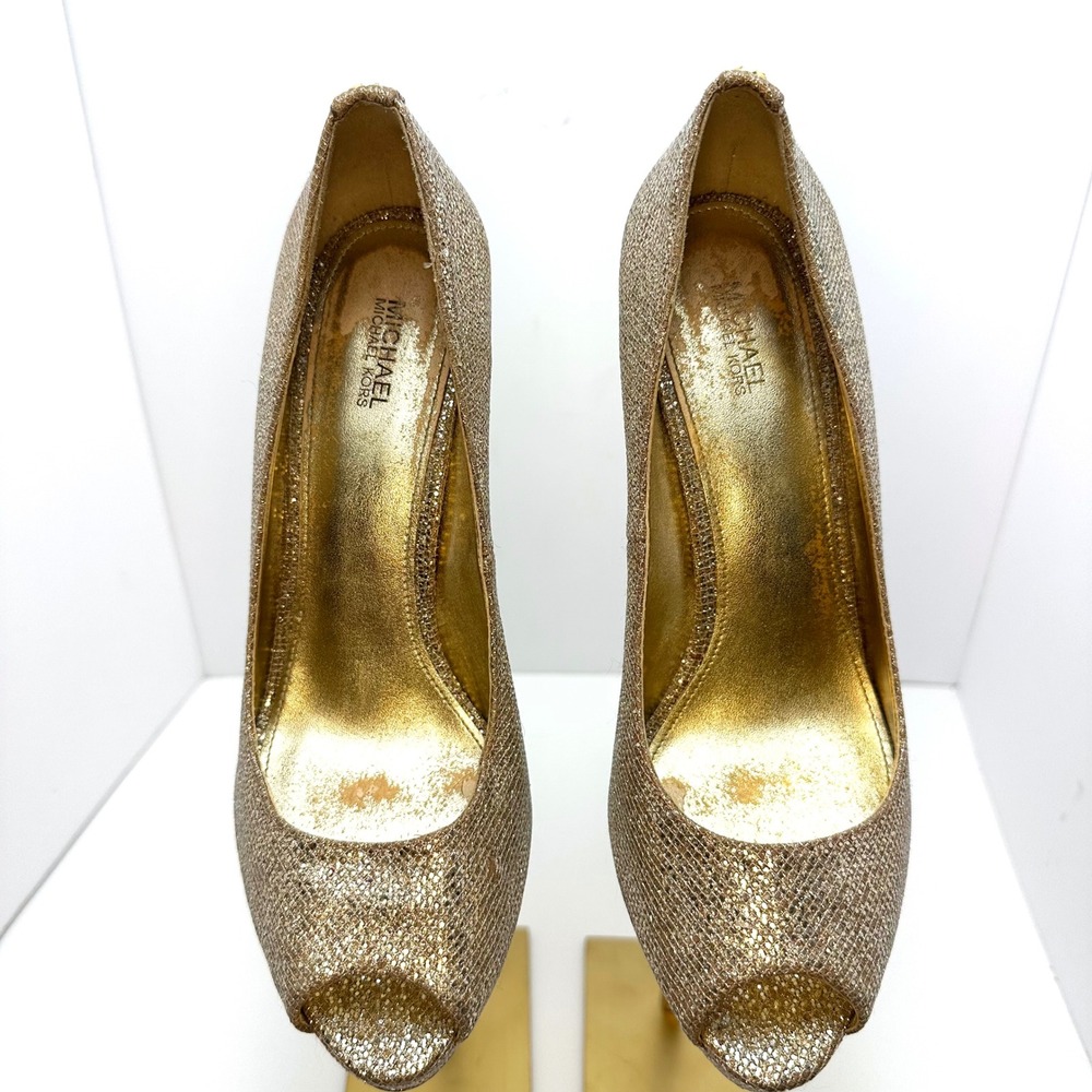 Michael Kors Gold Glitter Peep‎ Toe Platform Pumps Stiletto Heels Womens 9M